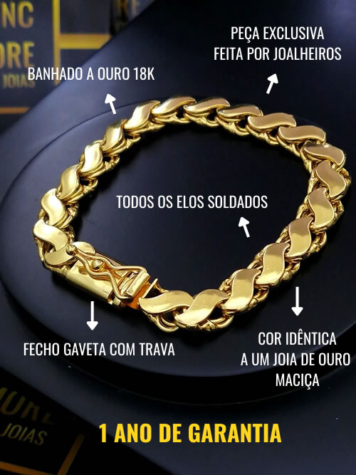 Pulseira Friso S 8mm Fecho Gaveta com Trava Banhada a Ouro 18k