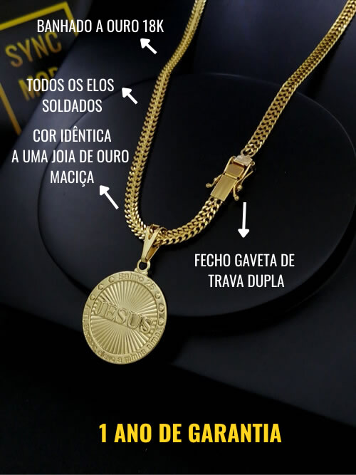 Corrente Grumet Lacraia 4,5mm Fecho Gaveta com Trava Dupla + Pingente Redondo Jesus Salmo 25 Banhado a Ouro 18K