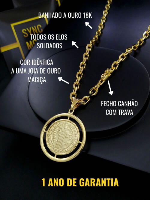 Corrente Cadeado 6mm Fecho Canhão + Pingente Vazado São Bento Banhado a Ouro 18K
