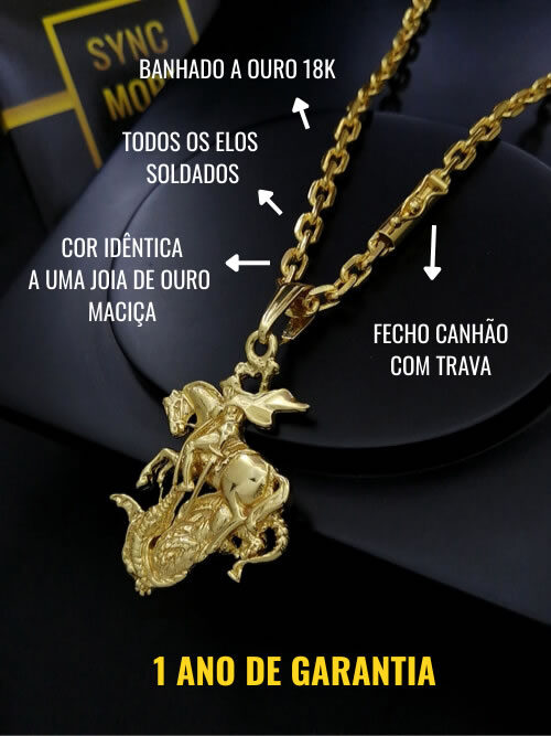 Corrente Cadeado 5mm Fecho Canhão Banhada a Ouro 18K + Pingente São Jorge 3D