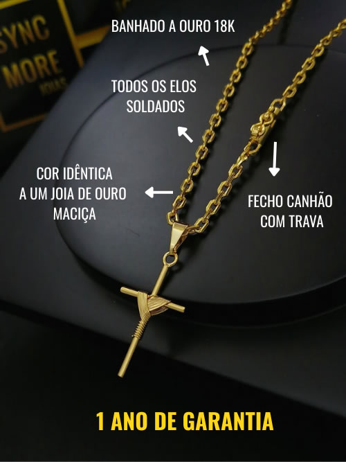 Corrente Cadeado 3mm Fecho Canhão Banhado a Ouro 18K + Pingente Cruz Amarrada