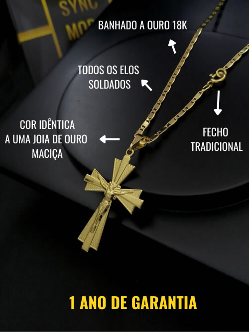 Corrente Piastrine 2,5mm Fecho Tradicional+ Pingente Cruz Sagrada com Cristo Banhado a Ouro 18K