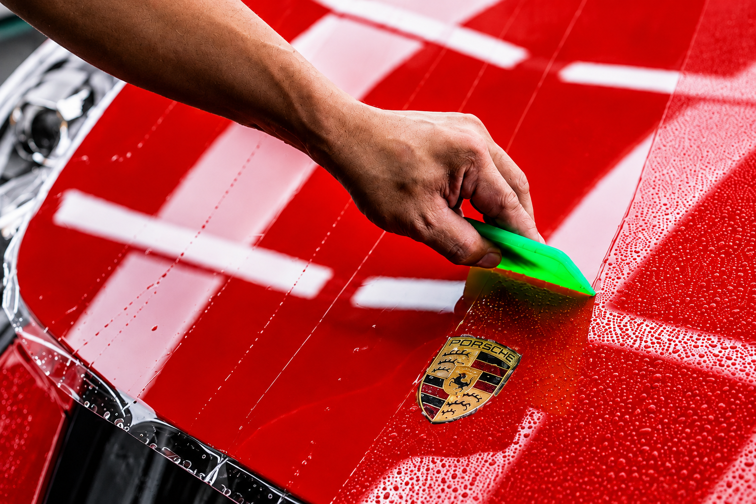 Primer plano de una mano aplicando PPF transparente con esp&aacute;tula sobre un capot rojo