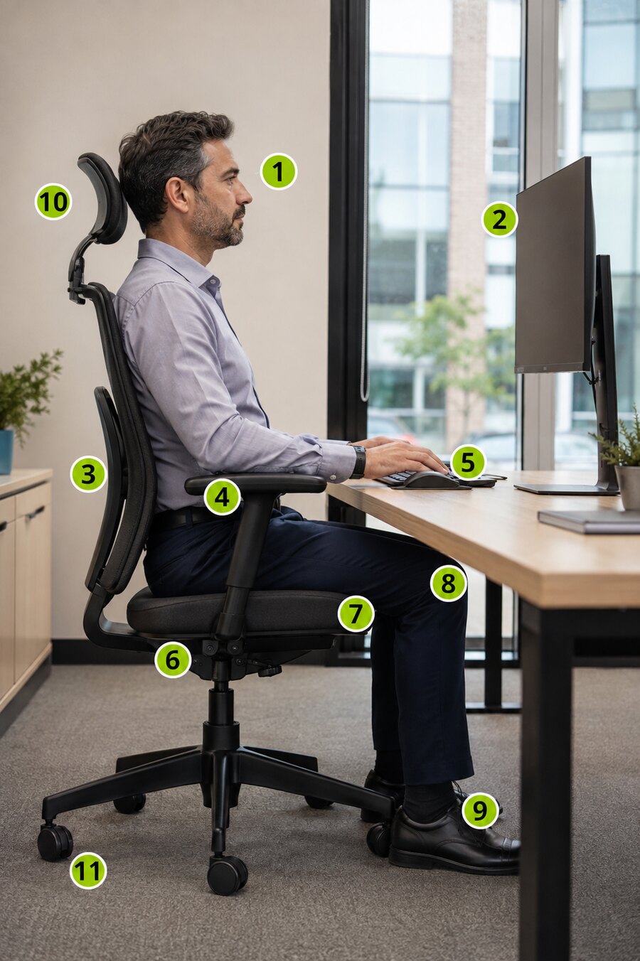 Homem em posto de trabalho corporativo com ajustes ergonômicos numerados de 1 a 11