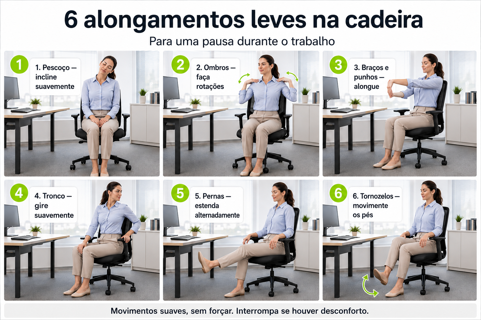 Modelo demonstrando seis alongamentos leves na cadeira de escritório em uma grade de três colunas por duas linhas