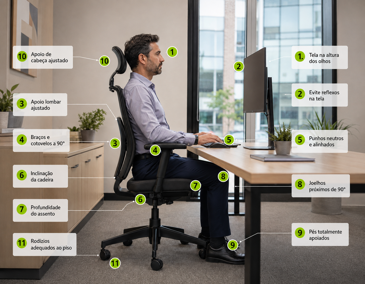 Homem em posto de trabalho corporativo com ajustes ergonômicos numerados de 1 a 11