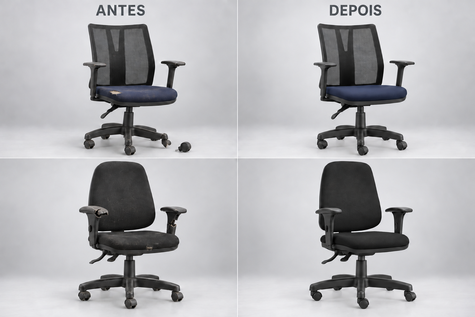 Comparativo antes e depois da manuten&ccedil;&atilde;o das cadeiras Addit e Job, com base e bra&ccedil;os quebrados e restaurados
