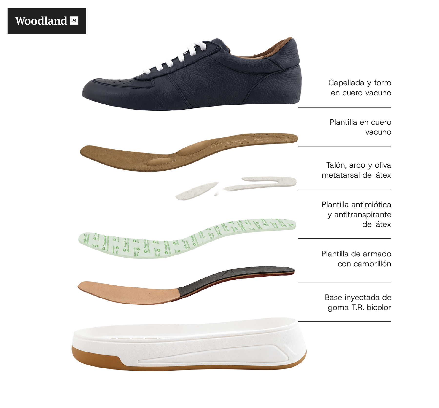 Despiece Woodland 24: capellada y forro en cuero vacuno, plantilla en cuero vacuno, talón arco y oliva metatarsal de látex, plantilla antimicótica y antitranspirante de látex, plantilla de armado con cambrillón, base inyectada de goma T.R. bicolor