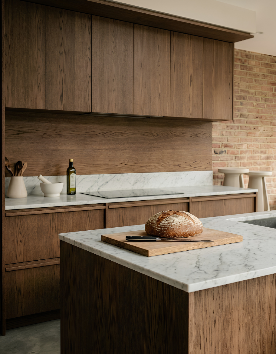 Cocina integral de madera de roble con encimera de m&aacute;rmol blanco y dise&ntilde;o moderno elegante.