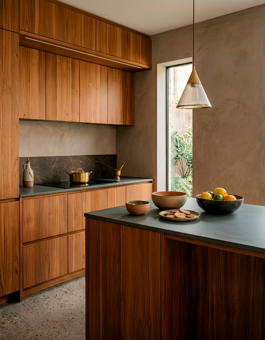 Cocina integral moderna en madera de teca con isla central gris oscuro y cuencos con frutas.