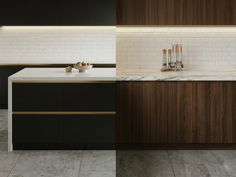 Vista dividida de dos dise&ntilde;os de cocinas integrales personalizadas por Cocinas e Ideas TK en Medell&iacute;n: a la izquierda, cocina moderna con gabinetes negros mate, perfiler&iacute;a dorada, mes&oacute;n jaspeado y taz&oacute;n de frutas; a la derecha, cocina cl&aacute;sica con gabinetes de madera de veta rica, mes&oacute;n de m&aacute;rmol veteado con detalles dorados y juego de utensilios de cocina.