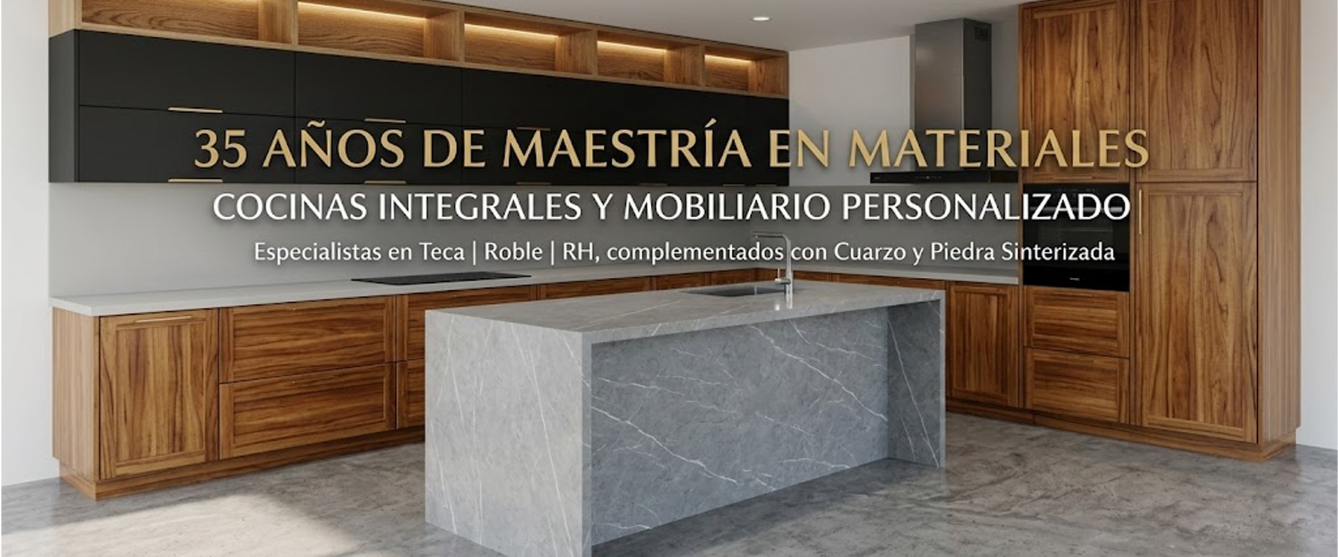 Cocina integral personalizada fabricada en madera Teca y Roble con mes&oacute;n en piedra sinterizada por Cocinas e Ideas TK en Medell&iacute;n.
