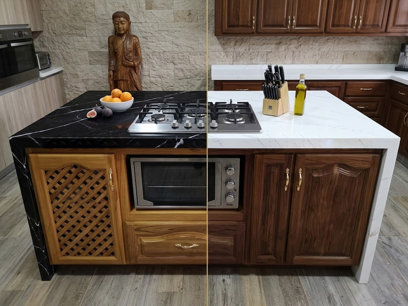 Opciones de encimeras para cocinas de lujo: mes&oacute;n en Cuarzo Calacatta blanco con vetas grises y mes&oacute;n en Piedra Sinterizada Titan Black con vetas blancas sobre fondo negro, materiales premium en Medell&iacute;n.
