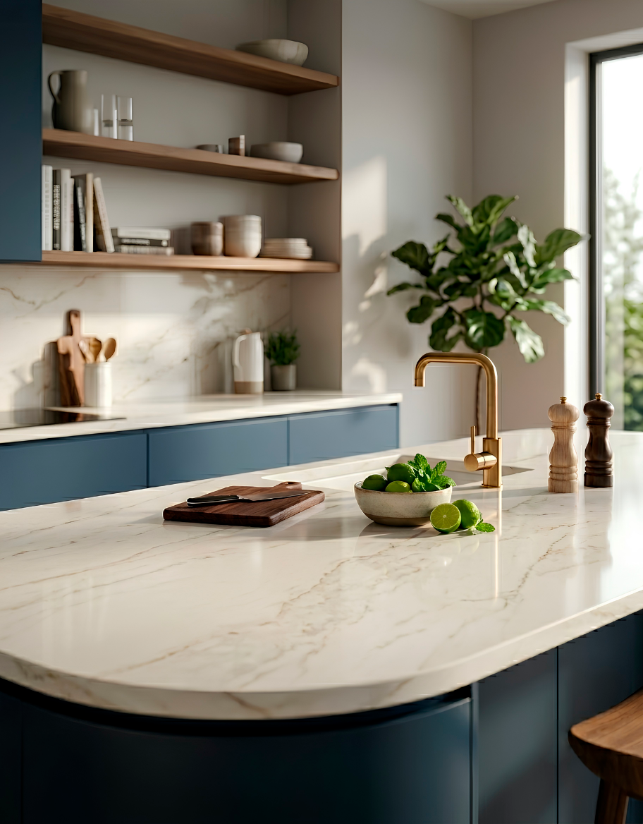 Mes&oacute;n de cocina en cuarzo blanco con vetas doradas suaves, isla central con bordes curvos, grifer&iacute;a monomando de oro cepillado y gabinetes en azul mate.