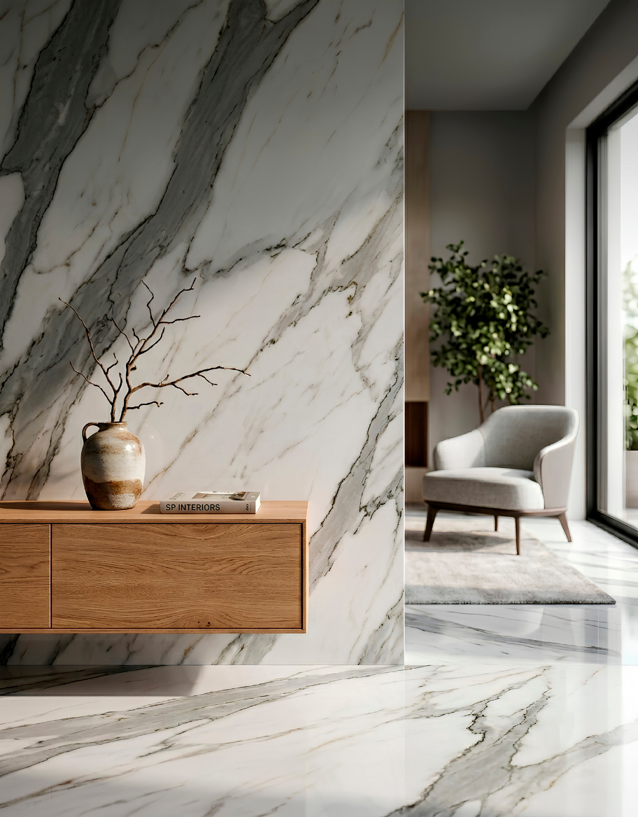 Ambiente de dise&ntilde;o interior con revestimiento de piedra sinterizada efecto m&aacute;rmol blanco y vetas grises en pared y suelo, mueble de madera flotante y sill&oacute;n minimalista.