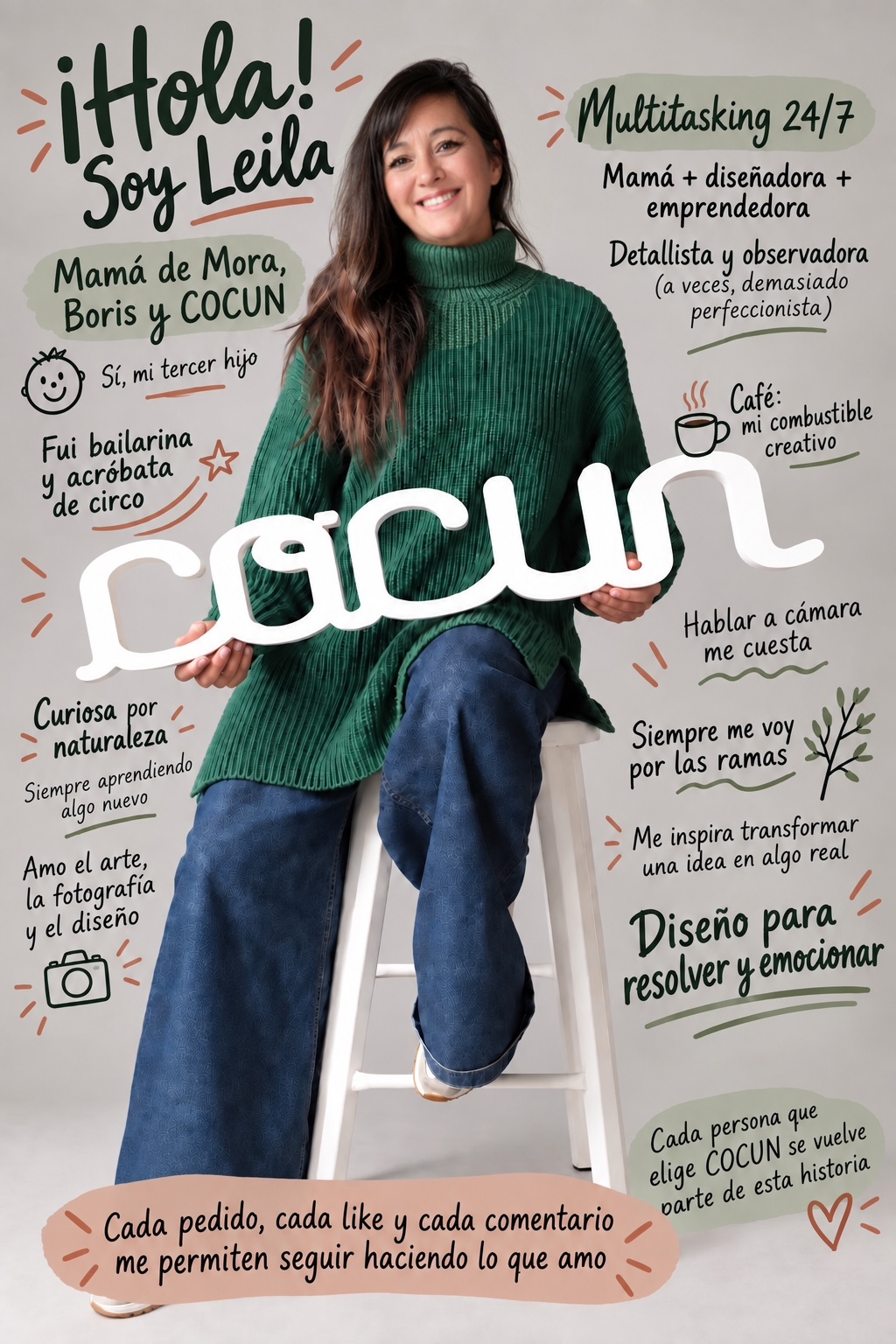 Soy Leila: dise&ntilde;adora 🤍🇦🇷, mam&aacute;, multitasking y la mente creativa detr&aacute;s de COCUN ( mi tercer beb&eacute; 😄)  Para m&iacute; dise&ntilde;ar es observar. Es hacerse preguntas, investigar, probar, equivocarse, volver a probar y encontrar una manera mejor de hacer las cosas.  Es pensar en qui&eacute;n va a usar eso que estoy creando. Entender su universo, escuchar qu&eacute; necesita, qu&eacute; le resulta &uacute;til y qu&eacute; puedo resolver desde el dise&ntilde;o.  Es elegir un color, s&iacute;, pero tambi&eacute;n investigar materiales, entender c&oacute;mo se comporta un textil, pensar una molder&iacute;a, una costura, una terminaci&oacute;n. Es preguntarme c&oacute;mo se siente una prenda, c&oacute;mo se usa, c&oacute;mo combina y c&oacute;mo hacerla m&aacute;s funcional sin dejar de lado la mirada est&eacute;tica.  Y creo que eso es lo que m&aacute;s me gusta del dise&ntilde;o: transformar una idea en algo real.  Hoy mi lugar para hacer todo eso es COCUN.  Ac&aacute; dise&ntilde;o prendas, estampas, productos, packaging, experiencias&hellip; pero tambi&eacute;n observo y escucho mucho a las futuras mam&aacute;s. Sus preguntas, sus dudas, lo que usan, lo que les resulta pr&aacute;ctico y lo que necesitan para prepararse para la llegada de su beb&eacute;. Todo eso tambi&eacute;n forma parte de mi proceso de dise&ntilde;o.  Soy curiosa, observadora y bastante detallista &mdash;a veces demasiado 😅&mdash;. Siempre estoy mirando, aprendiendo, cambiando algo, imaginando c&oacute;mo podr&iacute;a hacerlo mejor.  Y aunque muchas veces me vaya por las ramas&hellip;probablemente sea porque de alguna de esas ramas termina saliendo una idea. 🌿El dise&ntilde;o es mi forma de mirar el mundo. 🤍  Gracias a quienes eligen un producto Hecho con pasi&oacute;n🤍 orgullosa del DISE&Ntilde;O ARGENTINO 🇦🇷🫶🏻