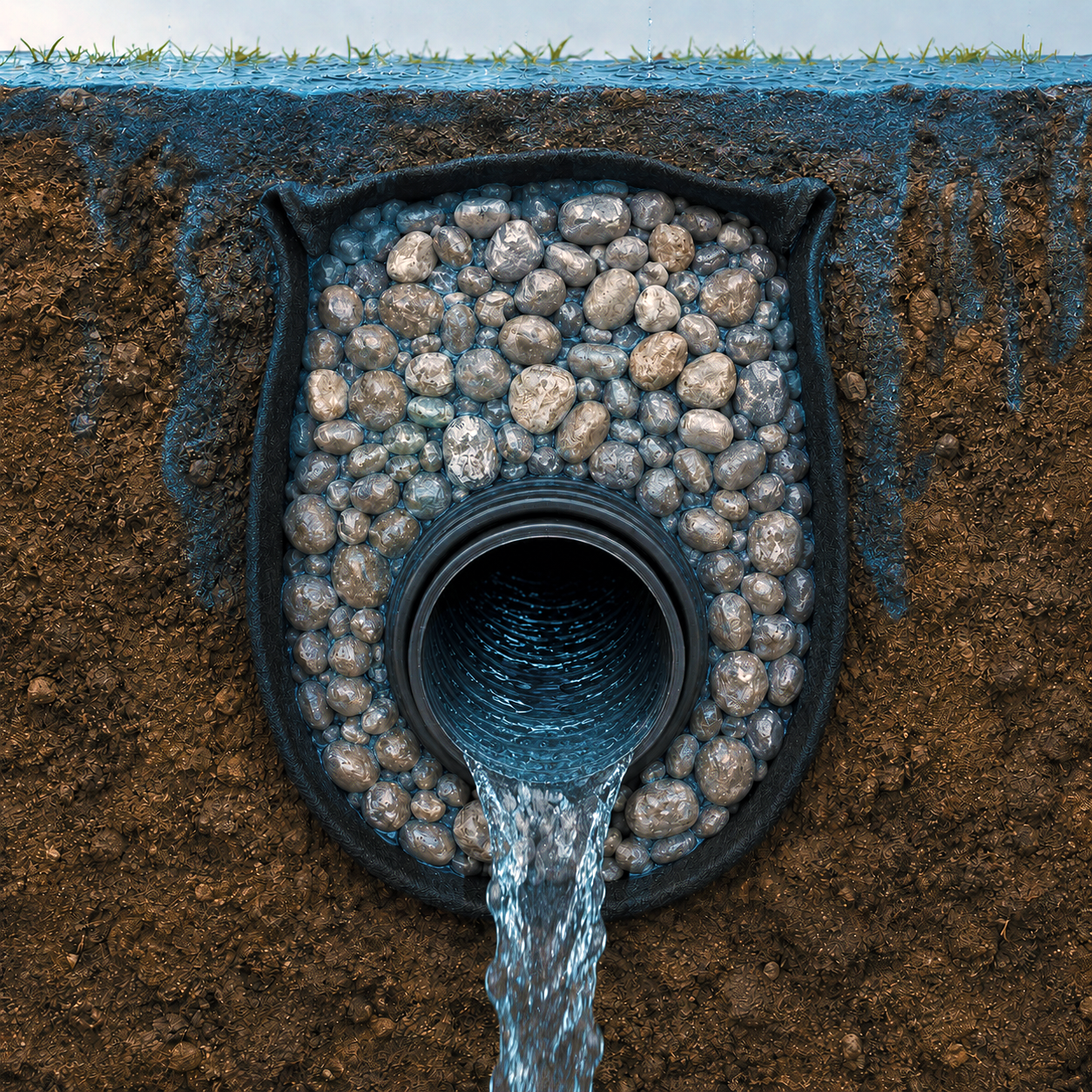 Sistema de drenaje con geotextil, grava y caño perforado