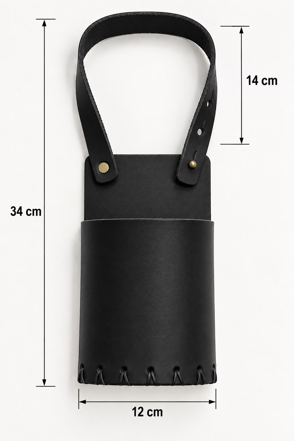 Porta mate negro: 34 cm de alto total, 12 cm de ancho y 14 cm de altura de tira en la posición ilustrada