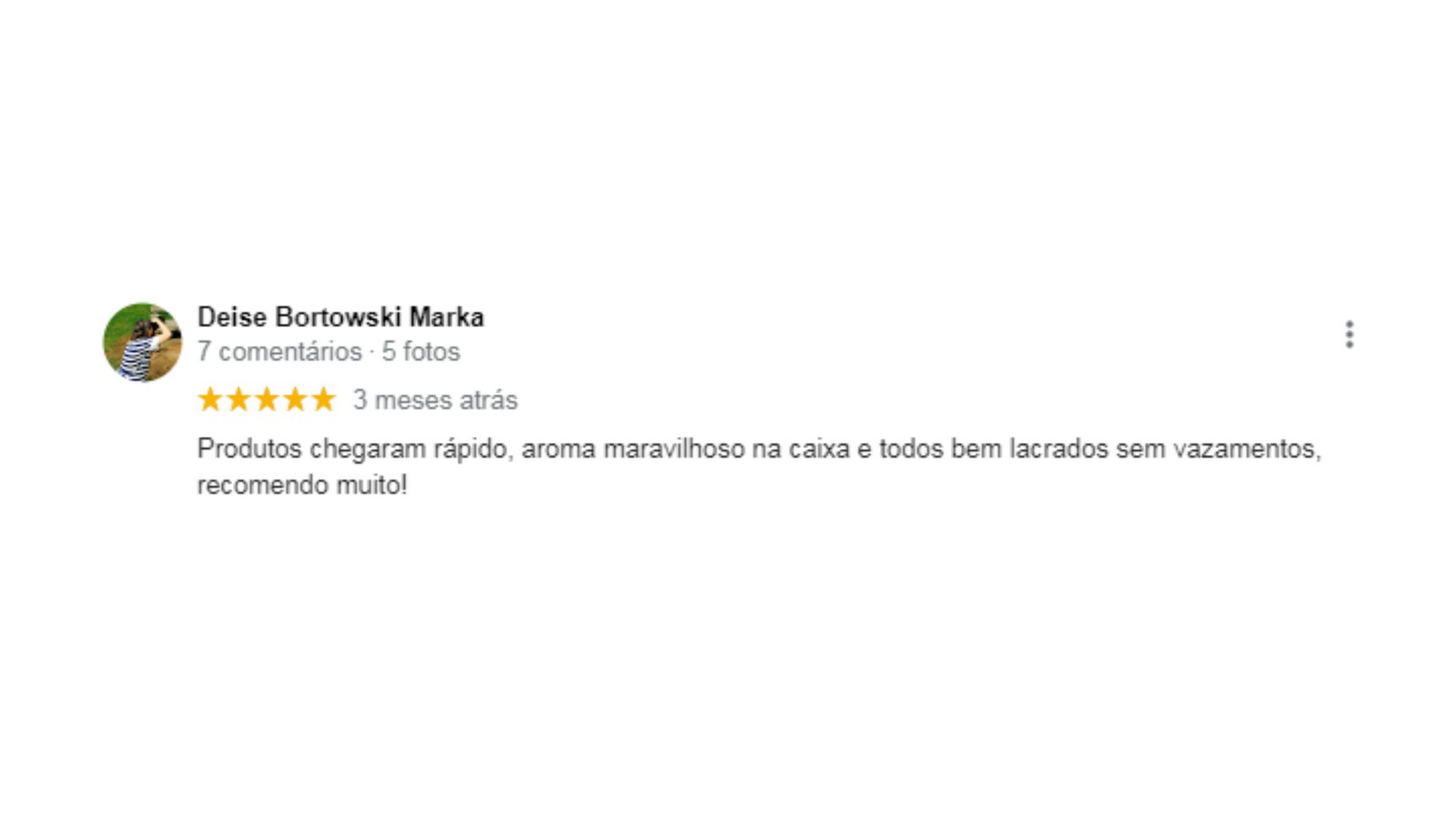 Depoimento de cliente sobre entrega rápida, aroma e produtos bem lacrados da ArteFeita