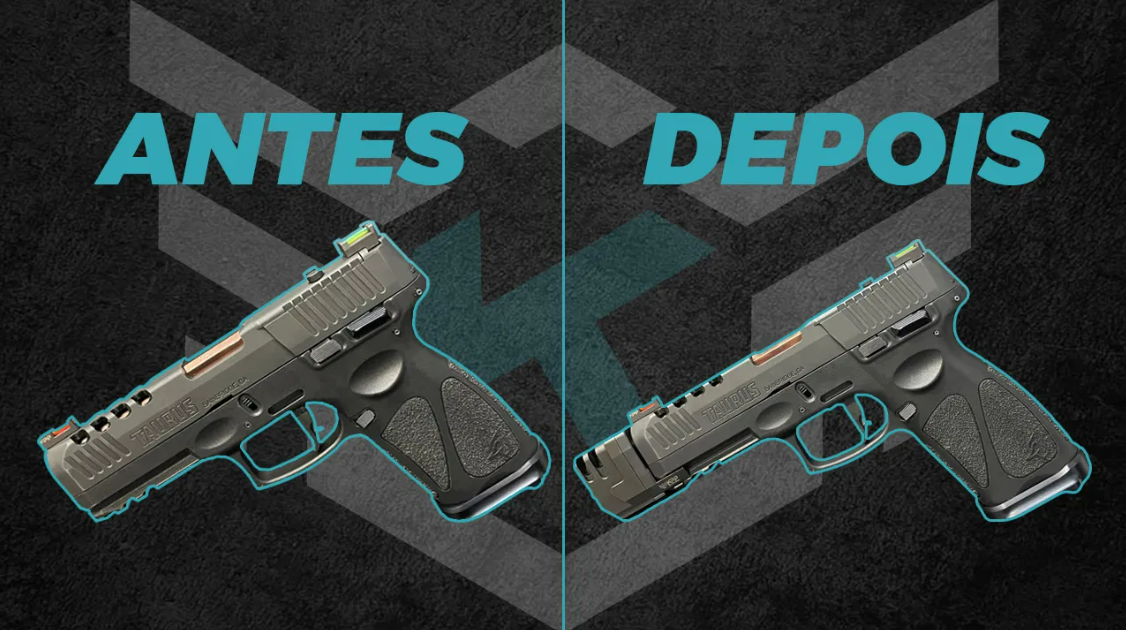 Pistola Taurus antes e depois da instalação de compensador de recuo (imagem ilustrativa)