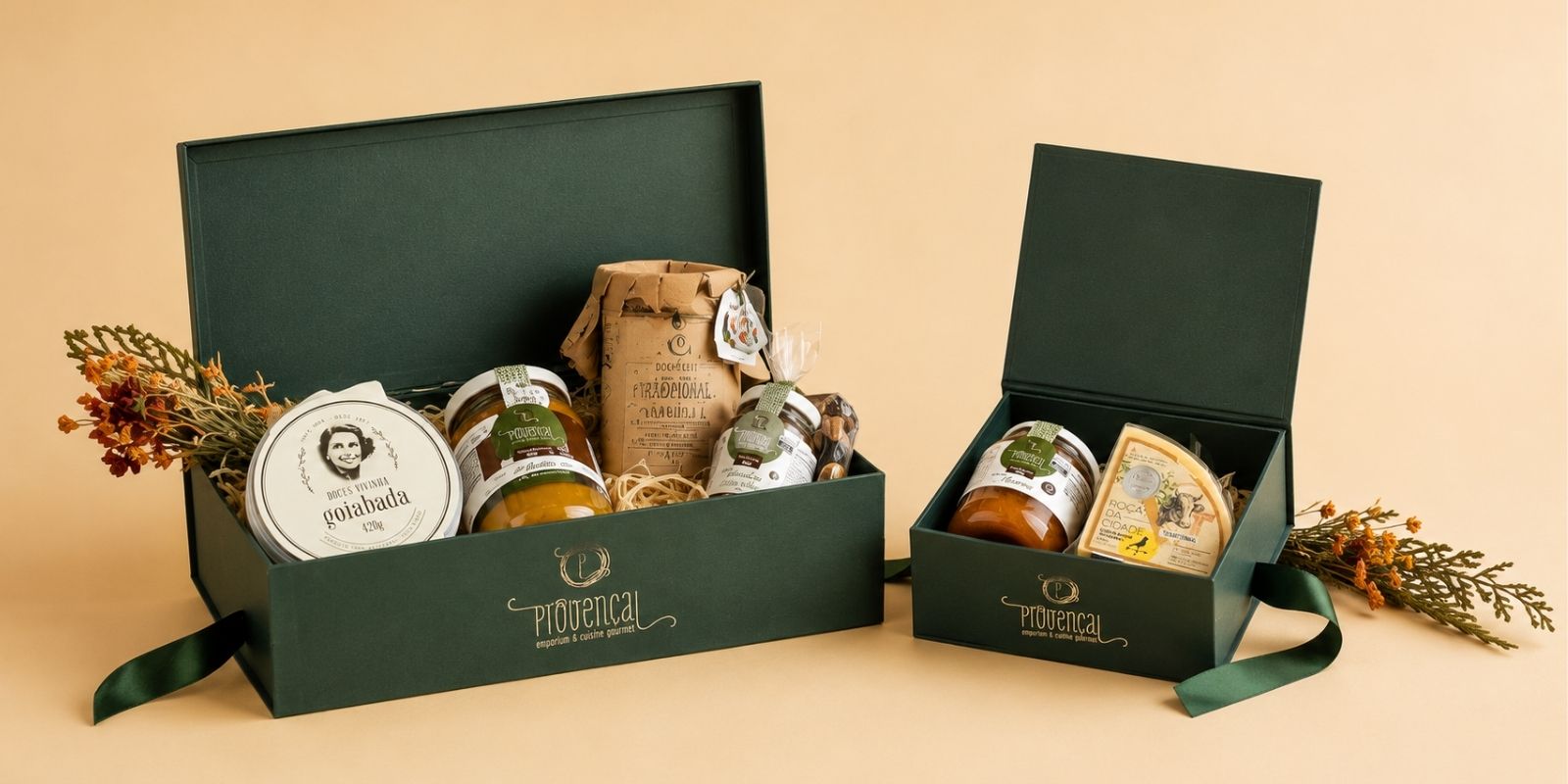 Kits de presentes corporativos com alimentos gourmet.
