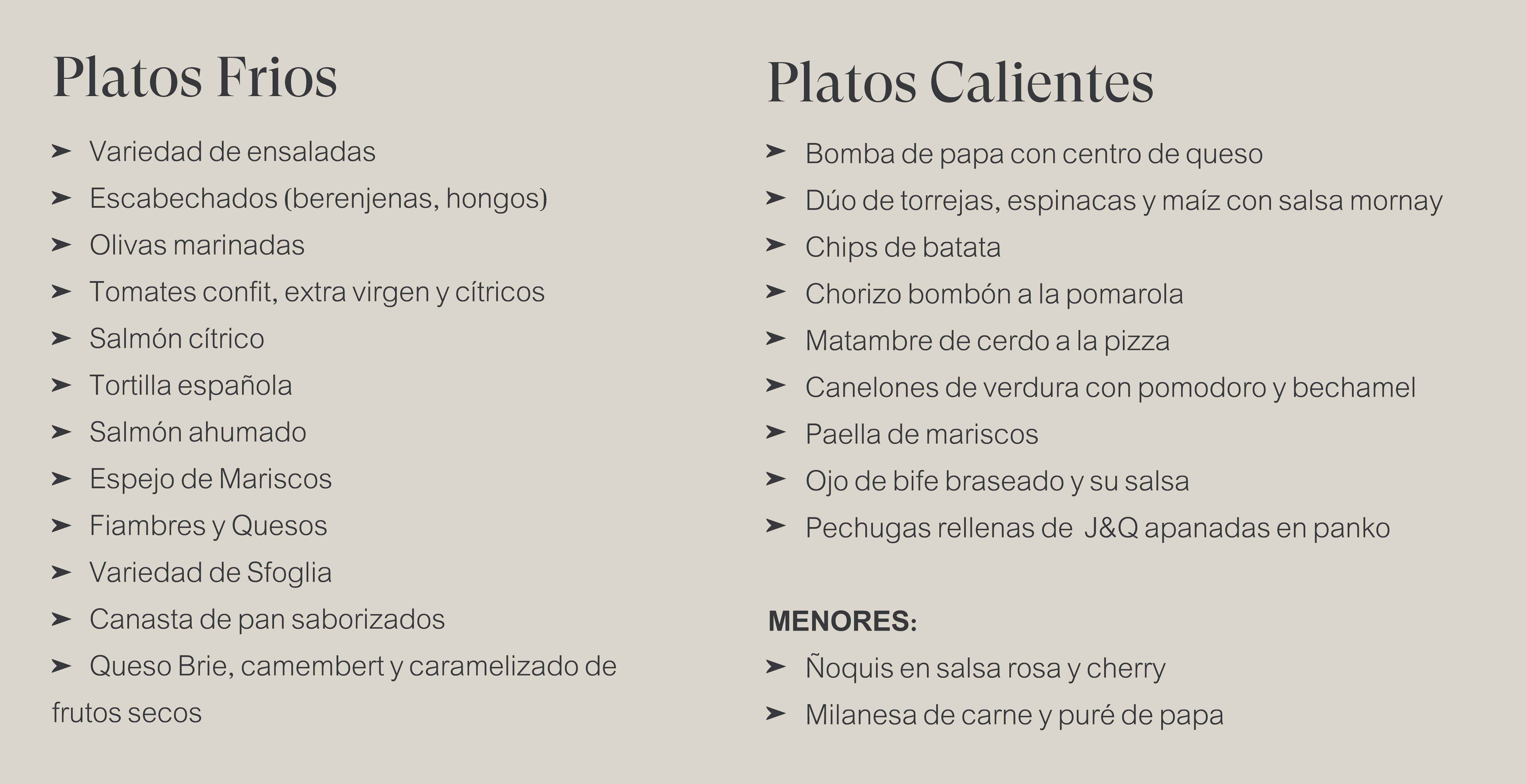 Menú Platos frios y calientes