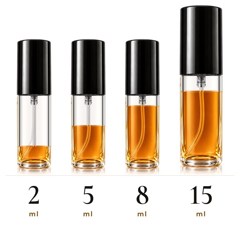 Decants de 2ml, 5ml, 8ml e 15ml lado a lado, em escala