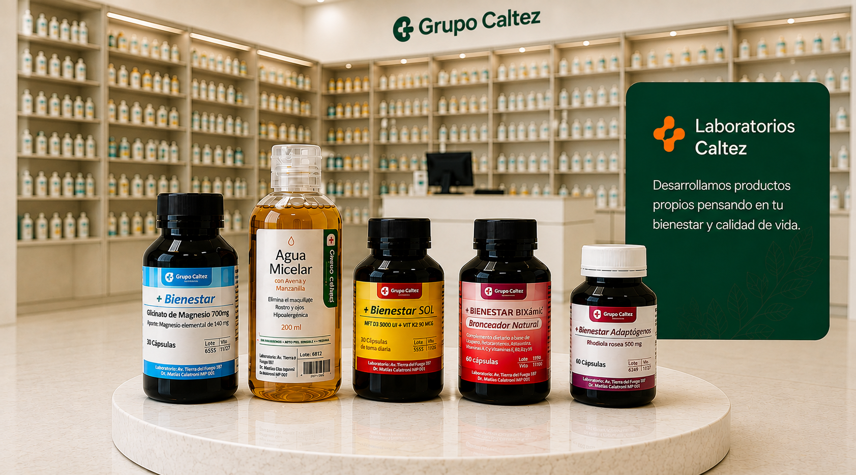 Productos Laboratorios Caltez sobre pedestal
