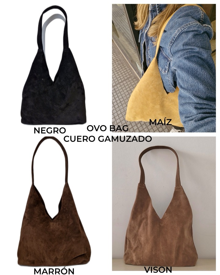 Ovo bag de cuero gamuzado en negro, ma&iacute;z, marr&oacute;n y vis&oacute;n