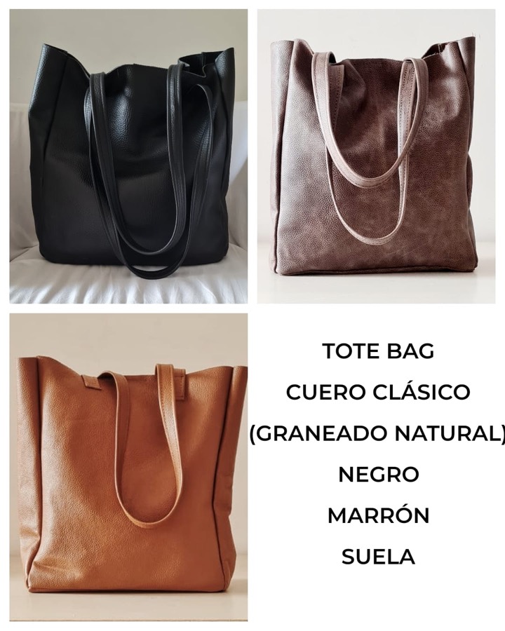 Tote bag de cuero cl&aacute;sico graneado natural en negro, marr&oacute;n y suela