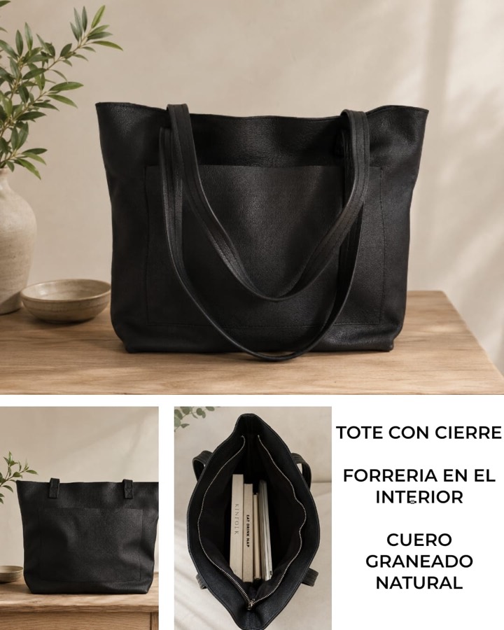 Tote de cuero graneado natural con cierre y forrer&iacute;a interior