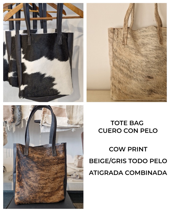 Tote bag de cuero con pelo cow print, beige y gris y atigrada