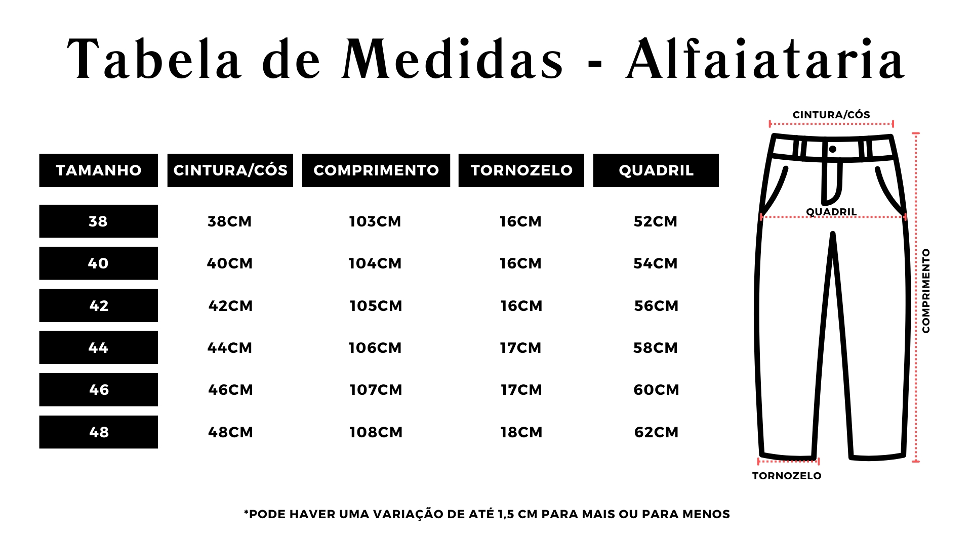 Tabela de Tamanhos