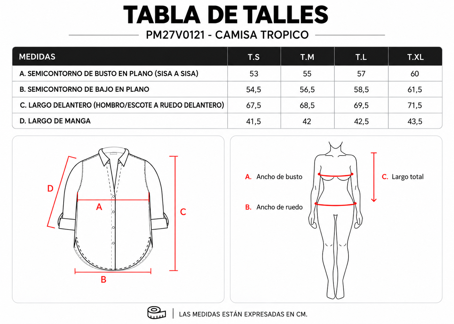 Tabla de talles Camisa Trópico ParteMia
