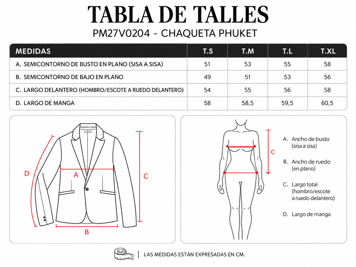 Tabla de talles Chaqueta Phuket PM27V0204