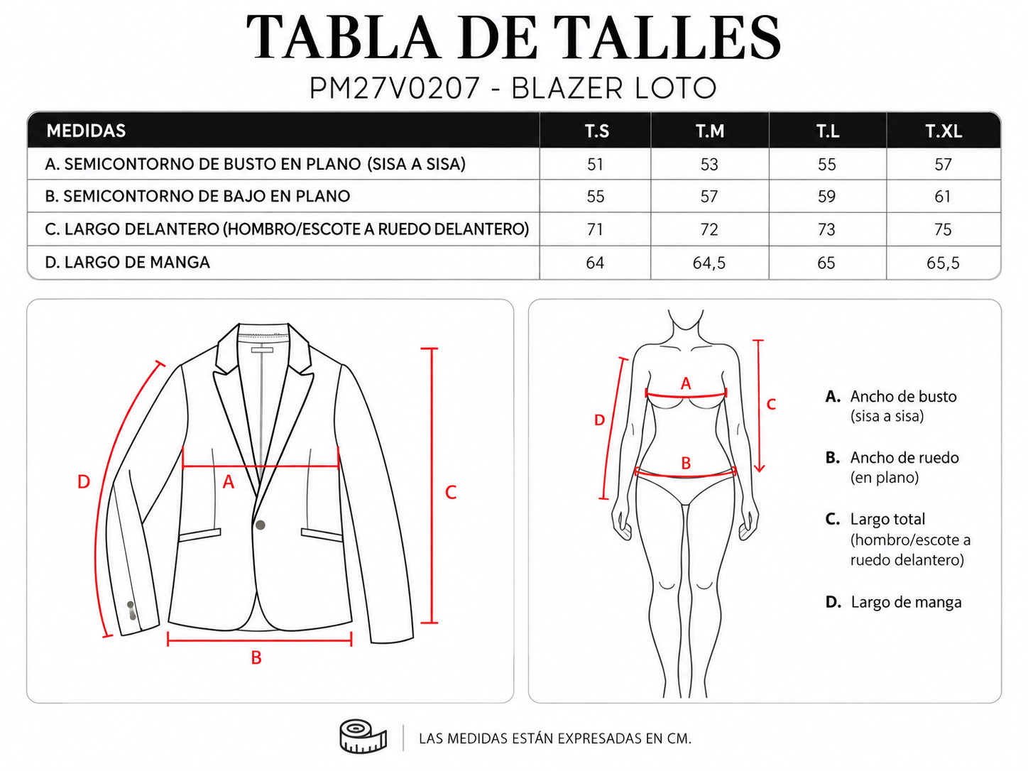 Tabla de talles Blazer Loto PM27V0207