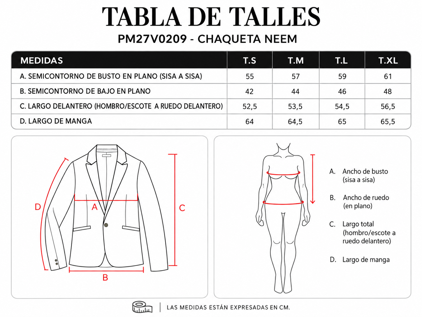 Tabla de talles Chaqueta Neem PM27V0209