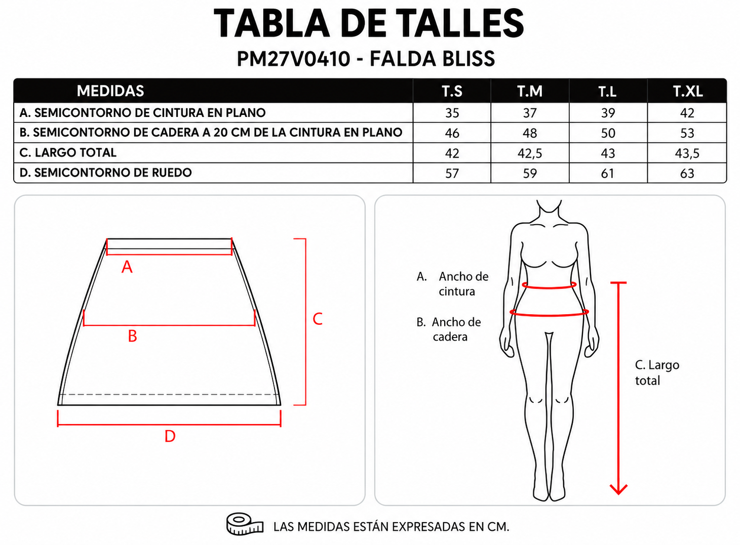 Tabla de talles Falda Bliss PM27V0410