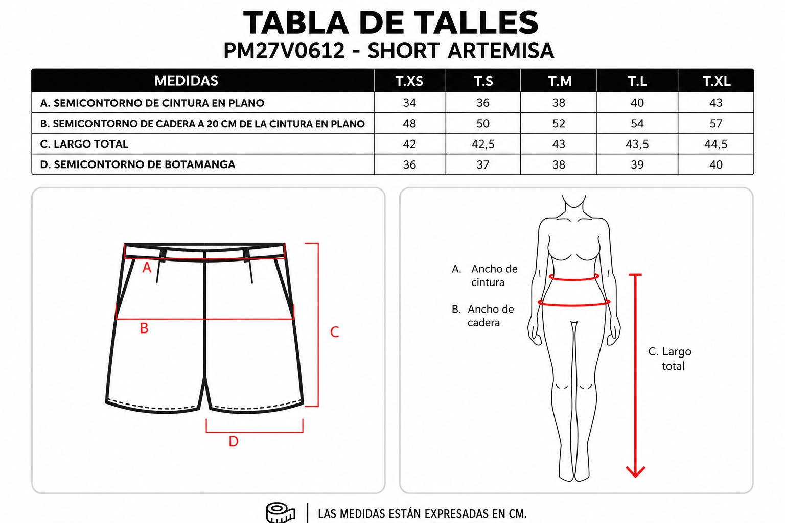 Tabla de talles Bermuda Artemisa PM27V0612