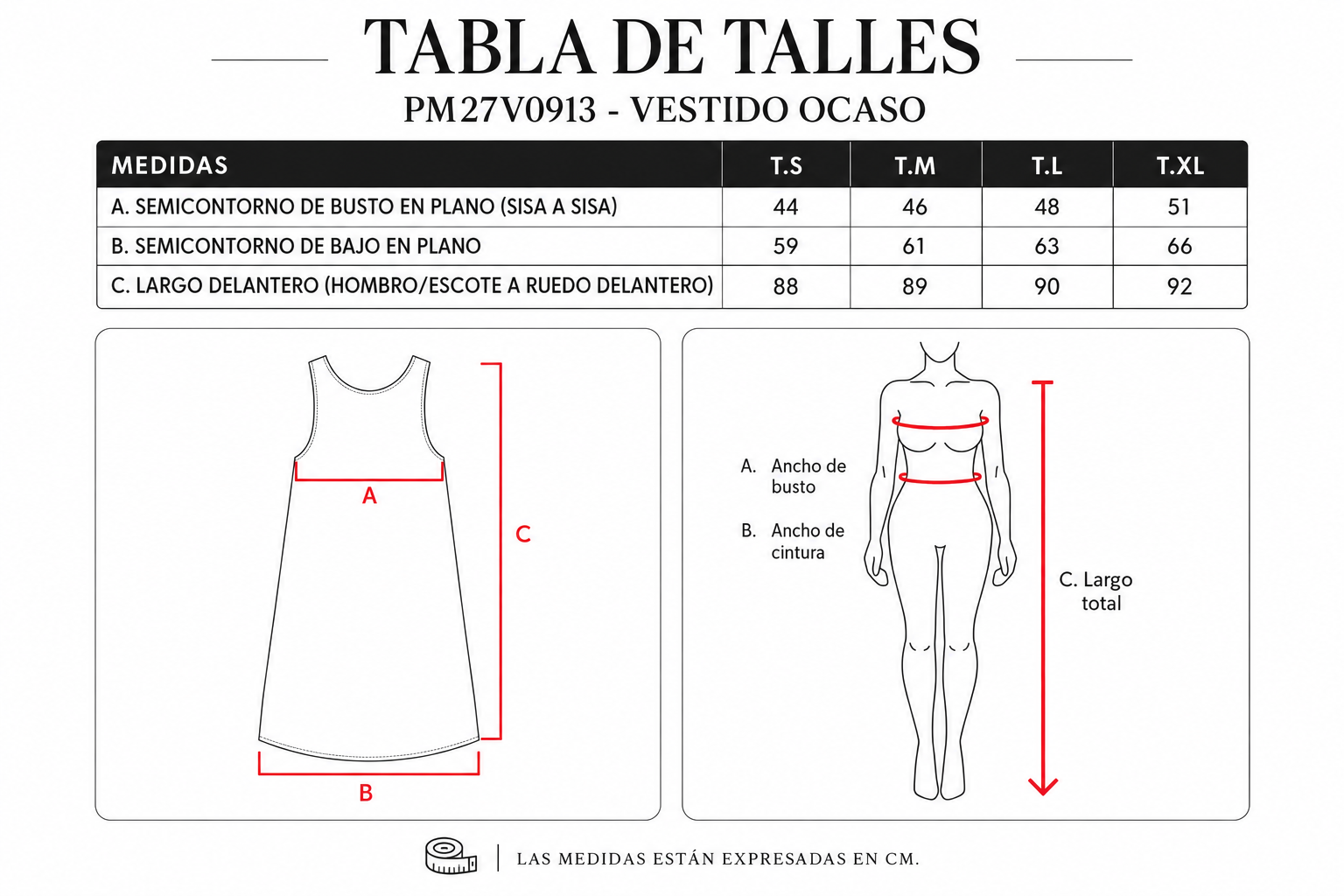 Tabla de talles Vestido Ocaso PM27V0913