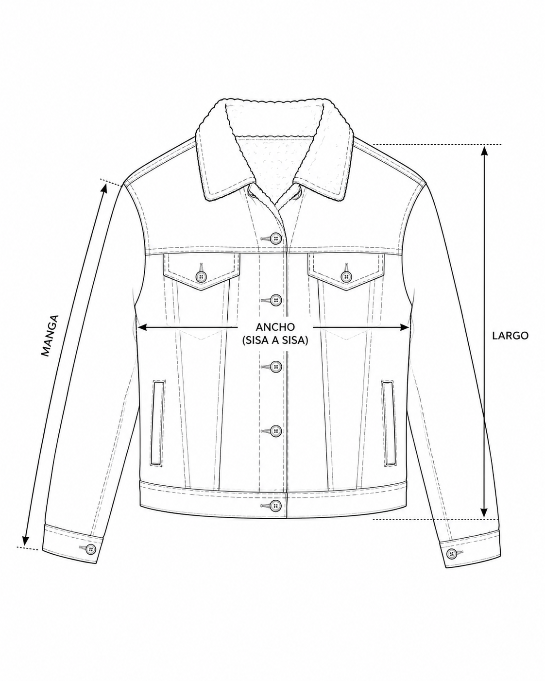 Dibujo indicativo para medir el ancho, la manga y el largo de la campera