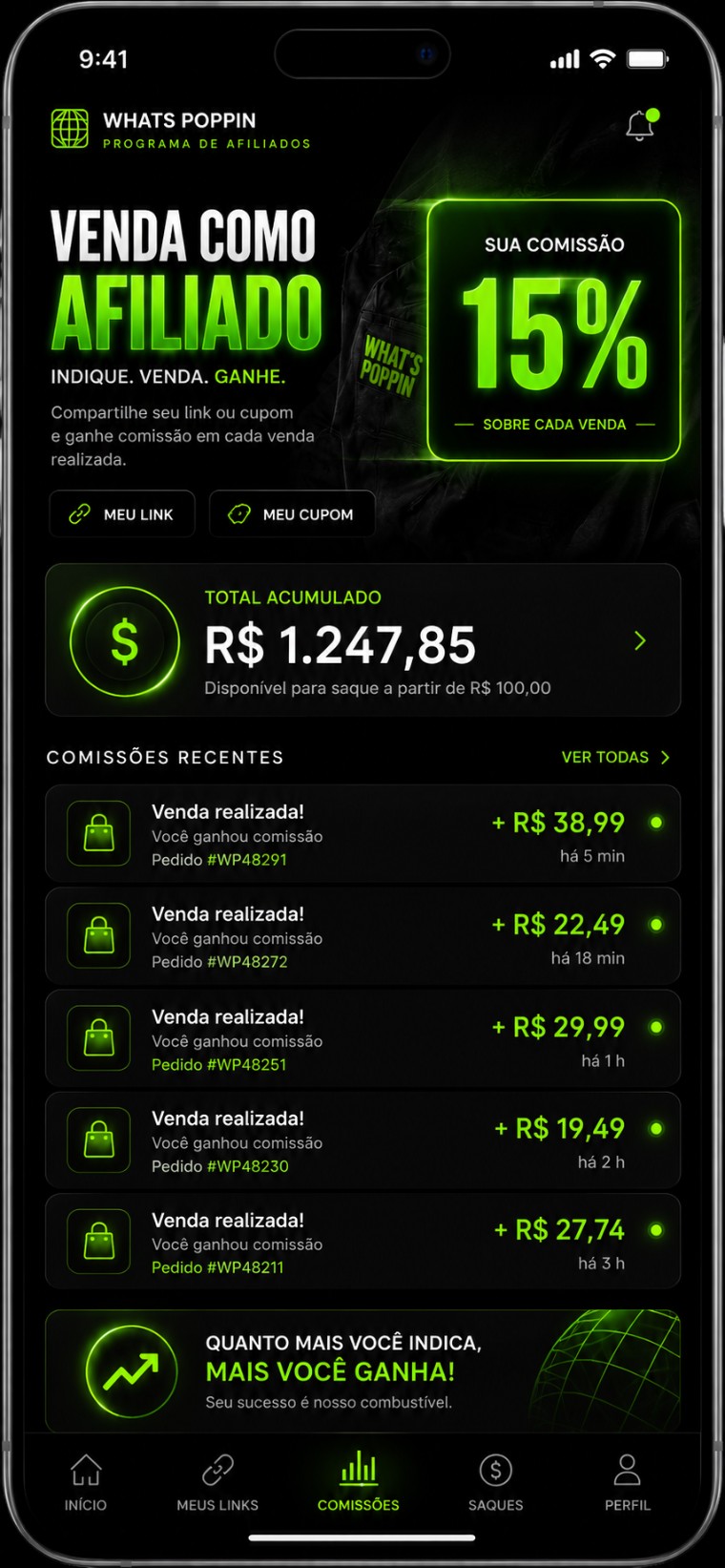 App de comiss&otilde;es Whats Poppin