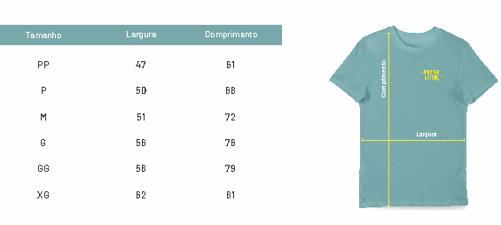 Tabela de medidas das camisetas Pissilone