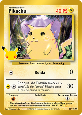 Pikachu, carta 058/30 do set cl&aacute;ssico da Cole&ccedil;&atilde;o de Celebra&ccedil;&atilde;o de 30 Anos do Pok&eacute;mon TCG