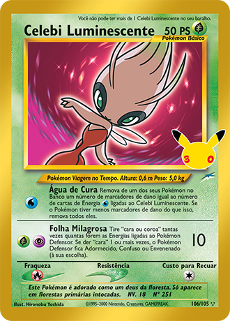 Celebi Luminescente, carta 106c/30 do set cl&aacute;ssico da Cole&ccedil;&atilde;o de Celebra&ccedil;&atilde;o de 30 Anos do Pok&eacute;mon TCG