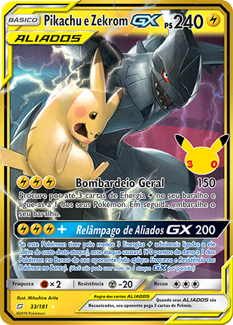 Pikachu e Zekrom TAG TEAM, carta 033/30 do set cl&aacute;ssico da Cole&ccedil;&atilde;o de Celebra&ccedil;&atilde;o de 30 Anos do Pok&eacute;mon TCG