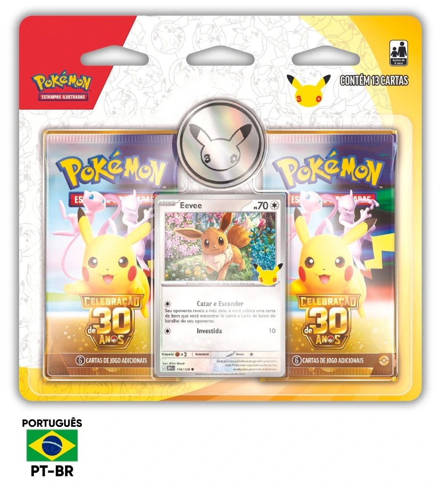 Blister Duplo com Moeda de Celebra&ccedil;&atilde;o de 30 Anos do Pok&eacute;mon, com carta promocional da Eevee