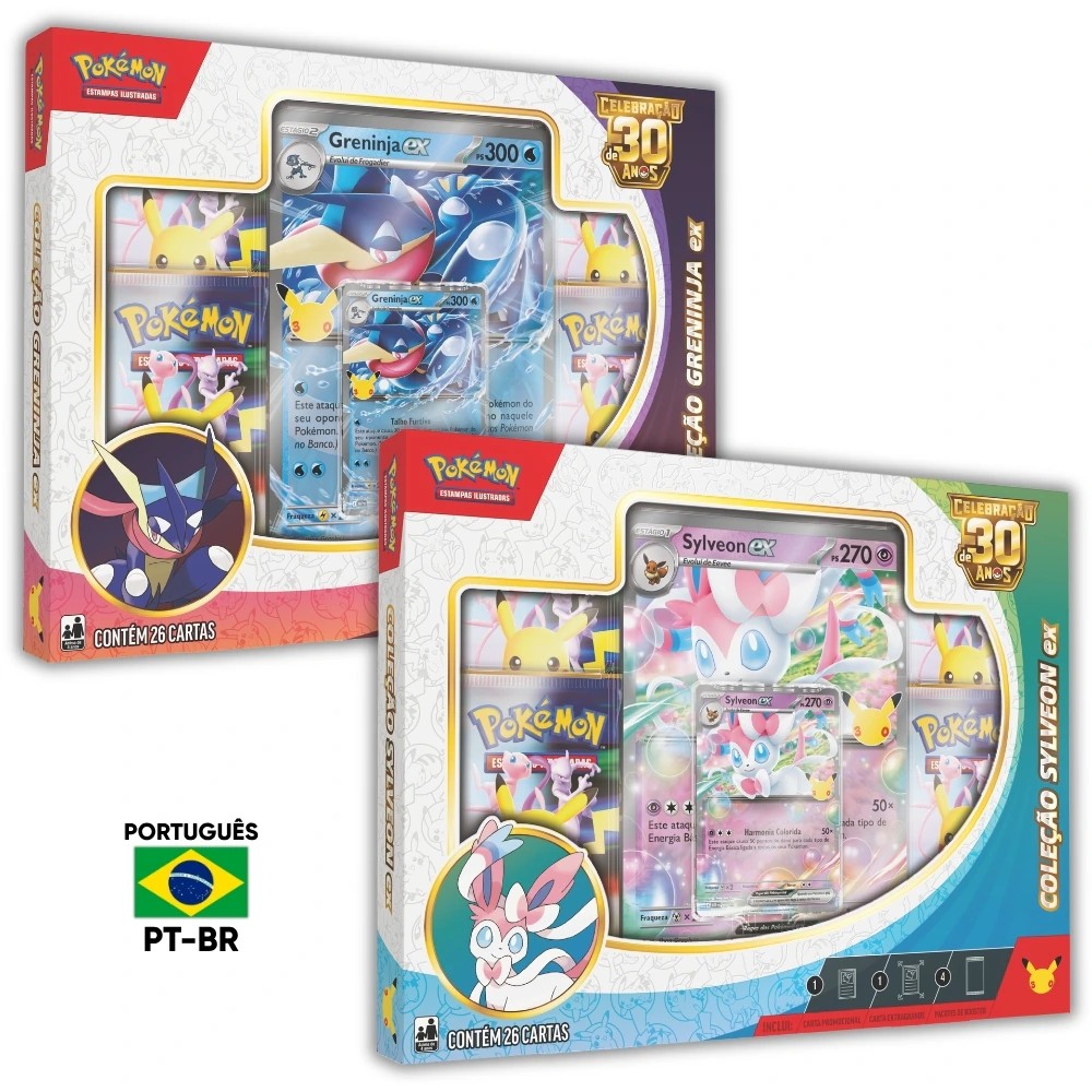 Cole&ccedil;&atilde;o Pok&eacute;mon ex de Celebra&ccedil;&atilde;o de 30 Anos do Pok&eacute;mon Estampas Ilustradas, vers&otilde;es Greninja ex e Sylveon ex
