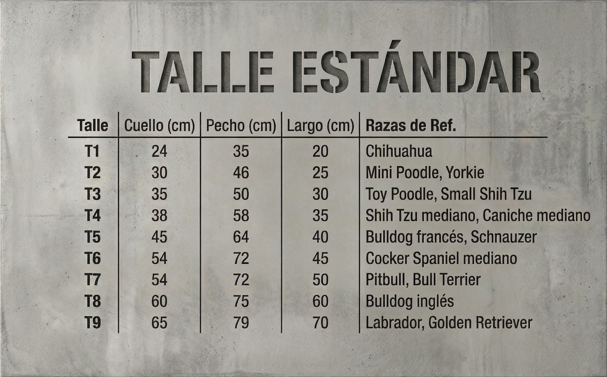 Tabla talle estándar