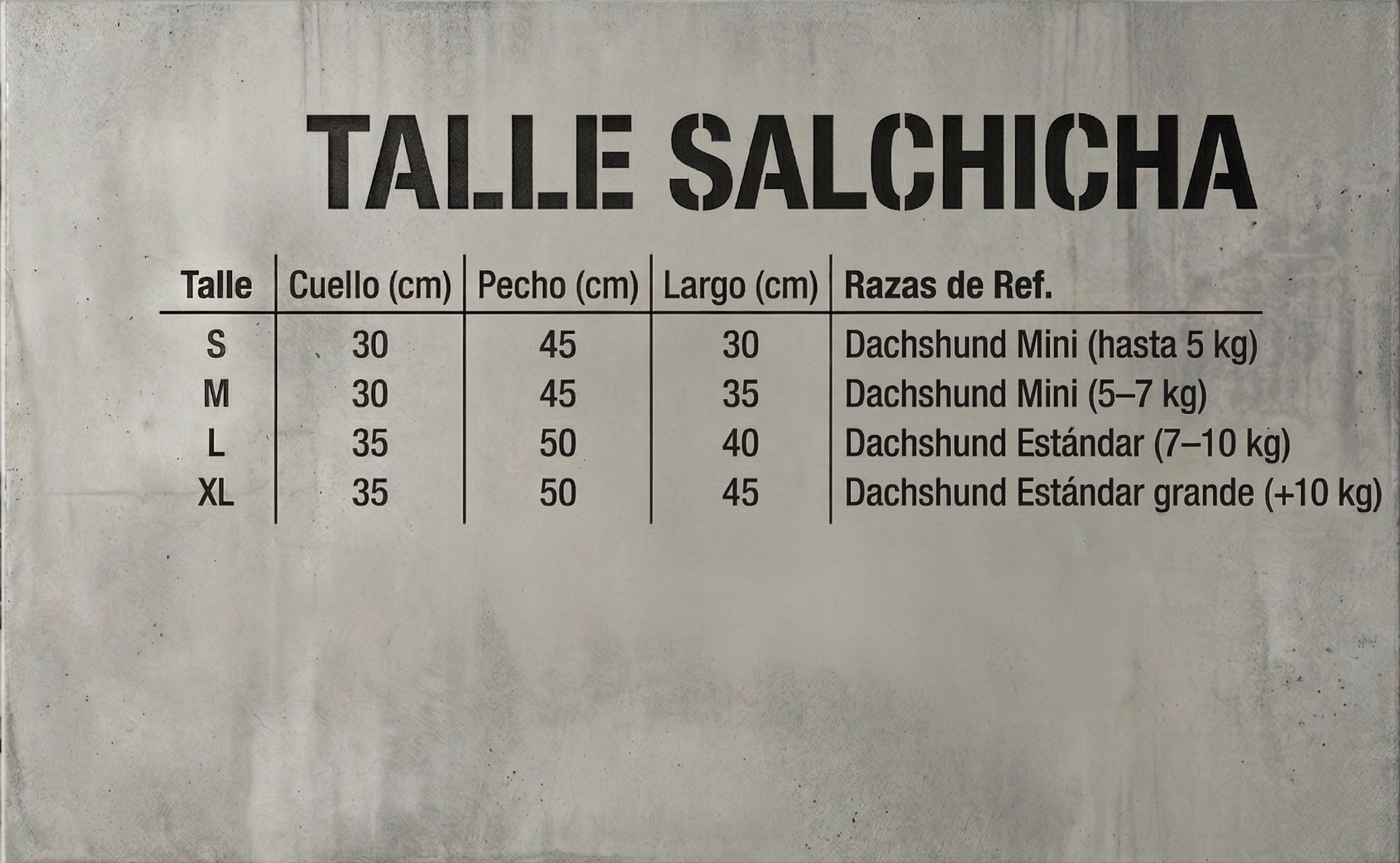 Tabla talle salchicha